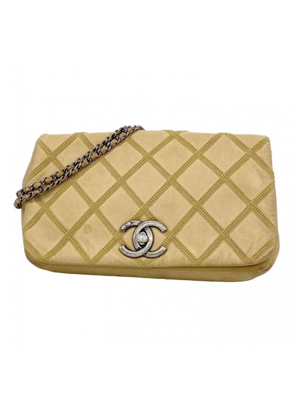 Chanel Shoulder Bag Calfskin Beige Silver